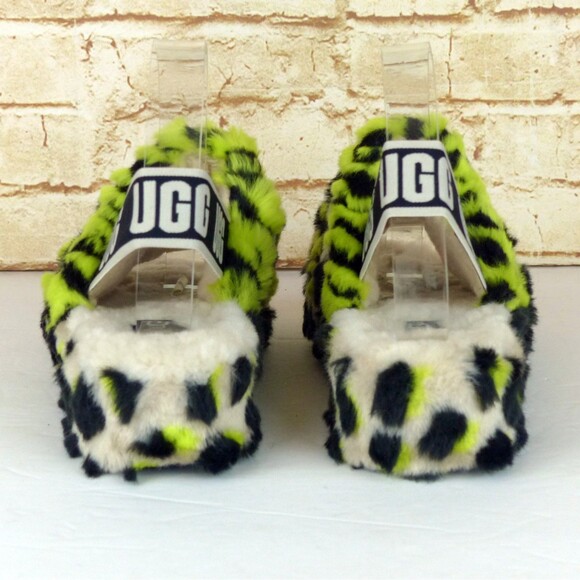 UGG Fluff Yeah Animalia Slippers Women 8 Neon Green Black Leopard Sandals Grunge - Picture 9 of 15